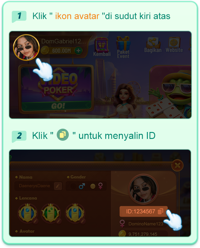 Panduan: ketuk ikon avatar di sudut kiri atas permainan, lalu ketuk ikon salin di samping nomor User ID.